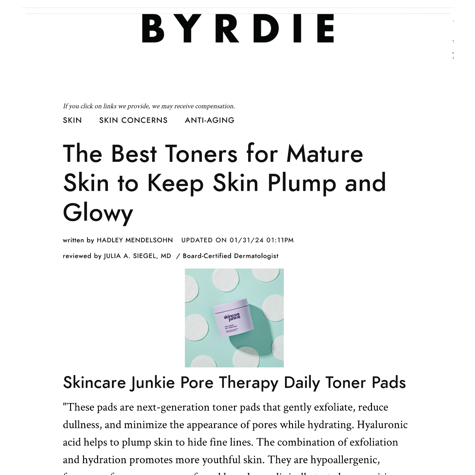 BYRDIE: The Best Toners for Mature Skin to Keep Skin Plump and Glowy
