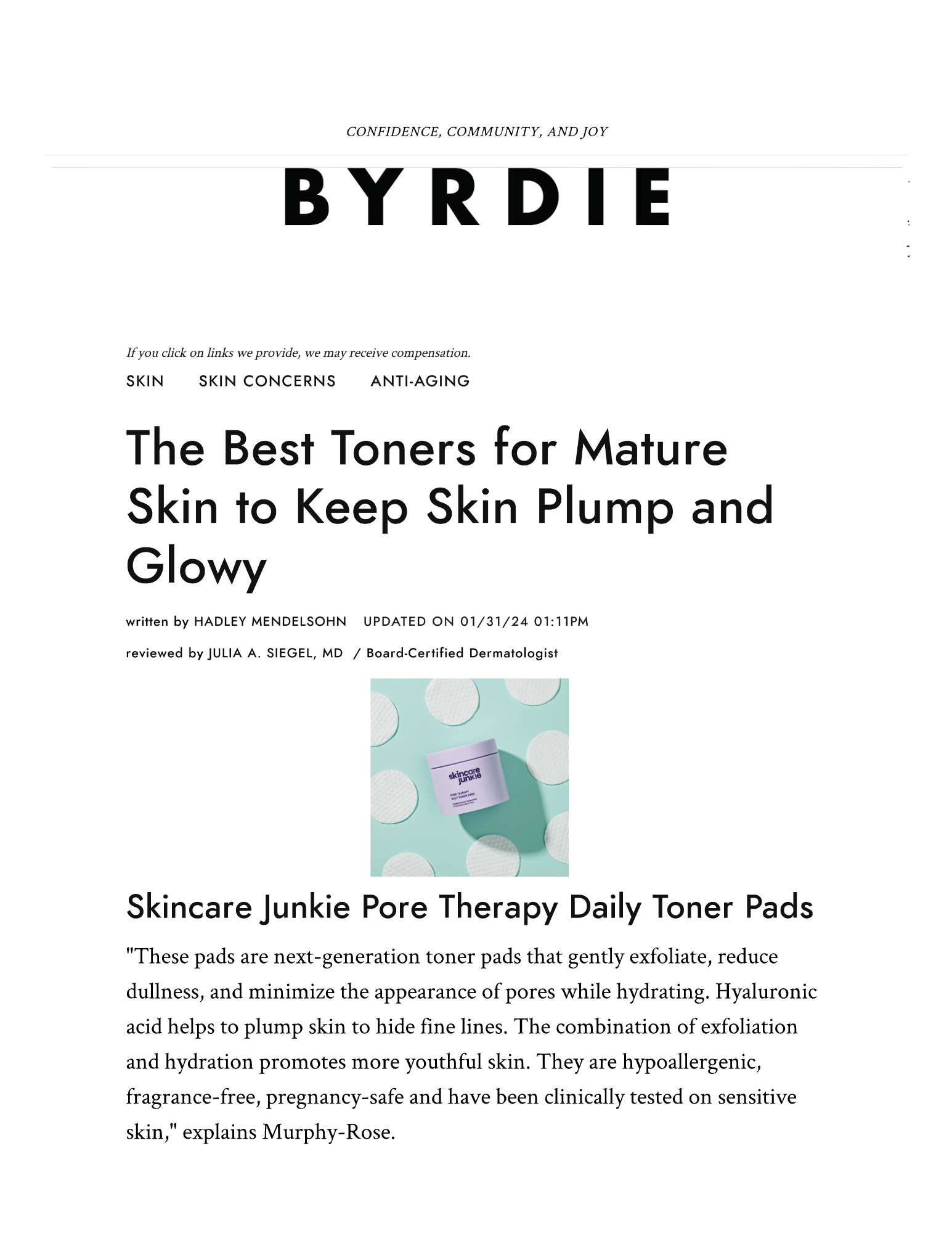 BYRDIE: The Best Toners for Mature Skin to Keep Skin Plump and Glowy