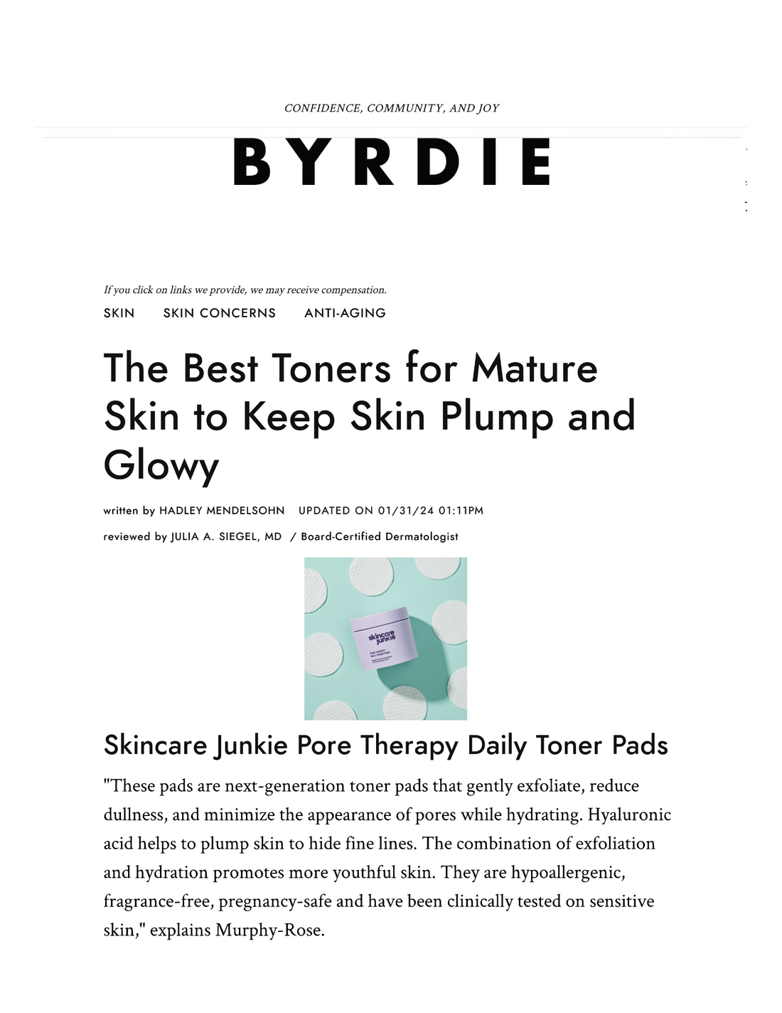 BYRDIE: The Best Toners for Mature Skin to Keep Skin Plump and Glowy